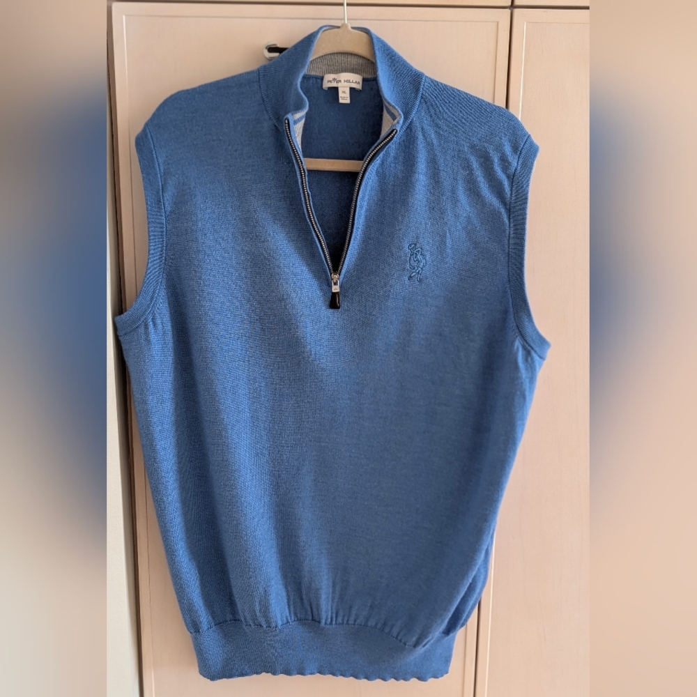 Peter Millar Vintage Golf 1/4 Zip Sweater Vest Merino Wool Silk Mens Blue Sz XL